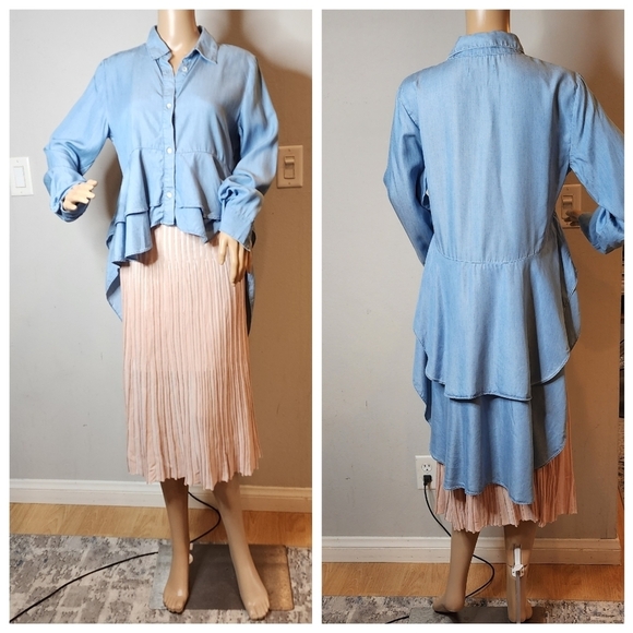 Zara Blue Chambray Asymmetric hi low button front long sleeve shirt. Size medium - Picture 5 of 14
